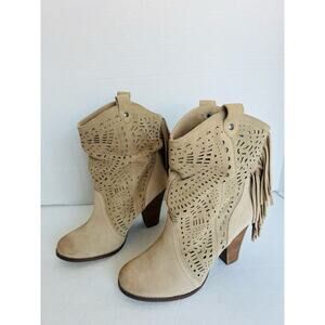 NAUGHTY MONKEY WESTERN CAMEL TAN LEATHER LOVE LACE FRINGE MID CALF BOOTS SZ 8